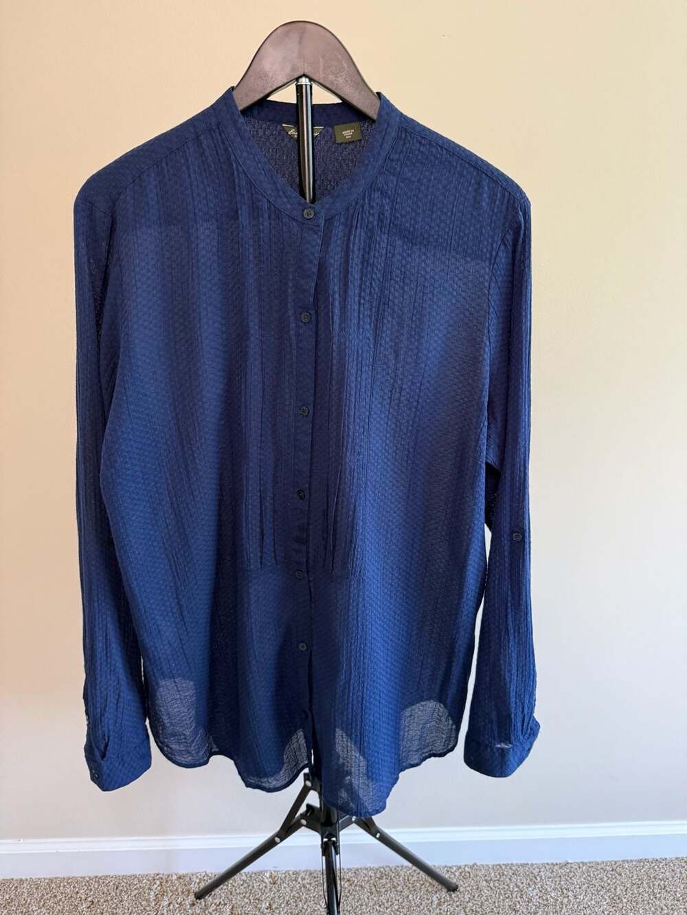Eddie Bauer Navy Blue Textured Pintuck Band Collar Long Sleeve Shirt-XXL